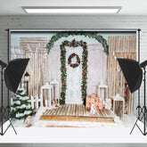 Lofaris Draußen Retro Tür Winter Schneebedeckt Weihnachten Hintergrund